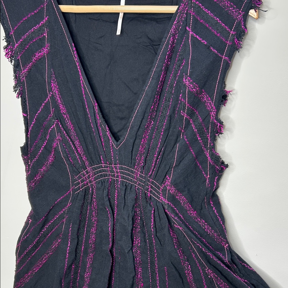 Free People Dress Boho Burlap Raw Flowy Frayed Plunge - Picture 4 of 11